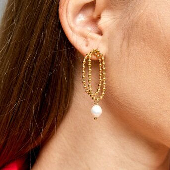 18K Gold Plated Pearl Drop Beaded Chain Loop Earrings