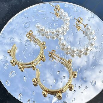 18K Gold Plated Pearl Cluster Large Hoop Earrings