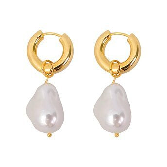 18K Gold Plated Over Sized Pearl Drop Hoop Earrings